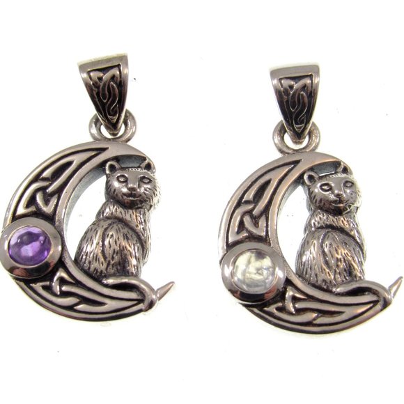 Solid 925 Sterling Silver Celtic Crescent Moon Cat Pendant Amethyst or Moonstone - Picture 7 of 11
